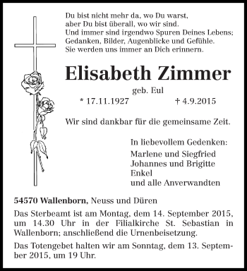 Traueranzeige von Elisabeth Zimmer von trierischer_volksfreund
