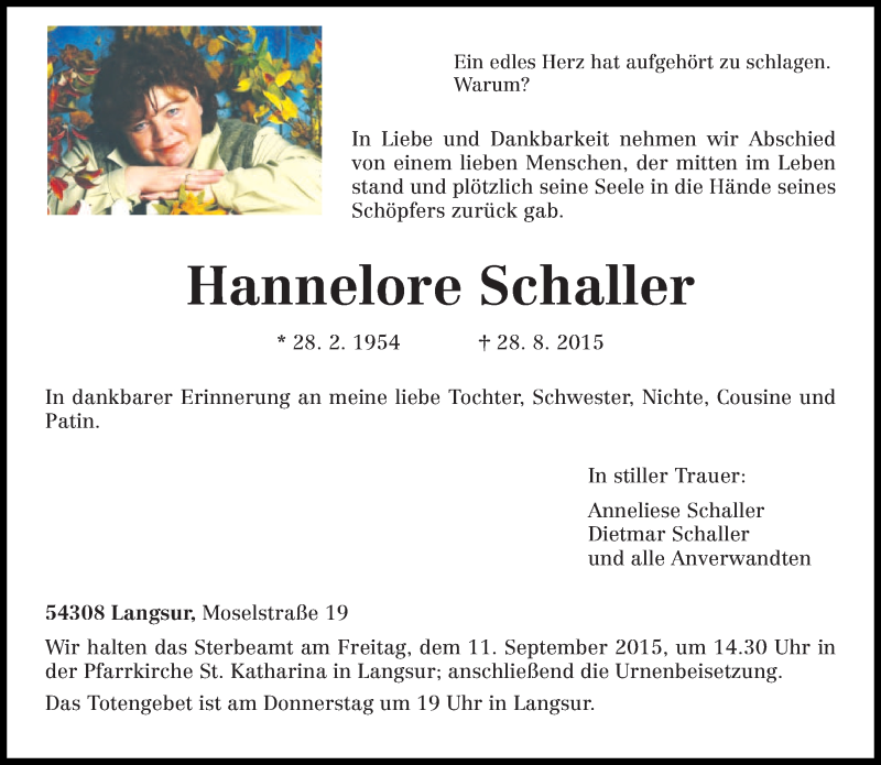  Traueranzeige für Hannelore Schaller vom 08.09.2015 aus trierischer_volksfreund