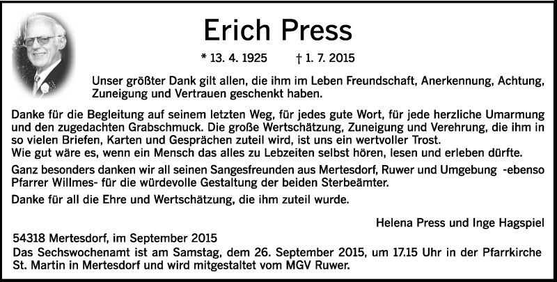  Traueranzeige für Erich Press vom 24.09.2015 aus trierischer_volksfreund