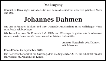 Traueranzeige von Johannes Dahmen von trierischer_volksfreund