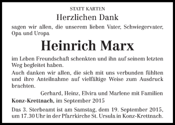 Traueranzeige von Heinrich Marx von trierischer_volksfreund