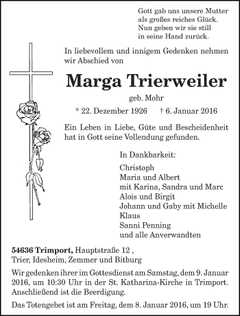Traueranzeige von Marga Trierweiler von trierischer_volksfreund