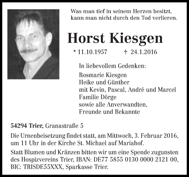  Traueranzeige für Horst Kiesgen vom 30.01.2016 aus trierischer_volksfreund