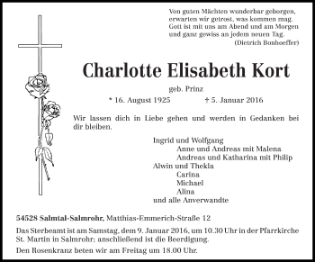 Traueranzeige von Charlotte Elisabeth Kort von trierischer_volksfreund