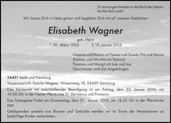 Traueranzeige von Elisabeth Wagner von trierischer_volksfreund