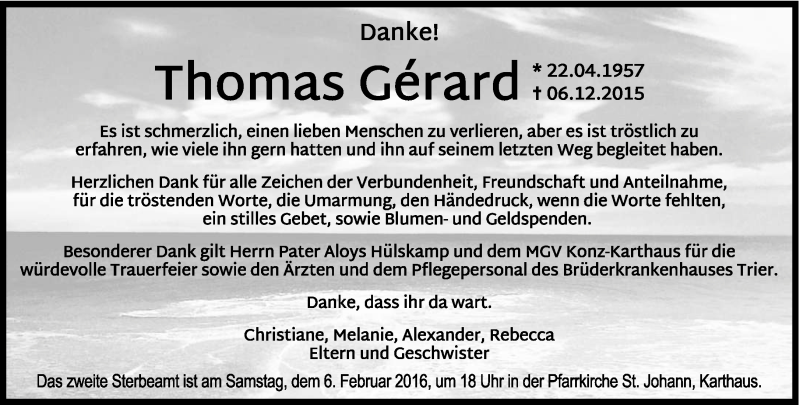  Traueranzeige für Thomas Gérard vom 30.01.2016 aus trierischer_volksfreund