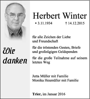 Traueranzeige von Herbert Winter von trierischer_volksfreund