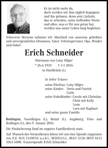 Traueranzeige von Erich Schneider von trierischer_volksfreund