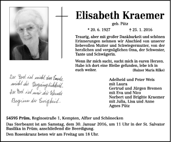 Traueranzeige von Elisabeth Kraemer von trierischer_volksfreund