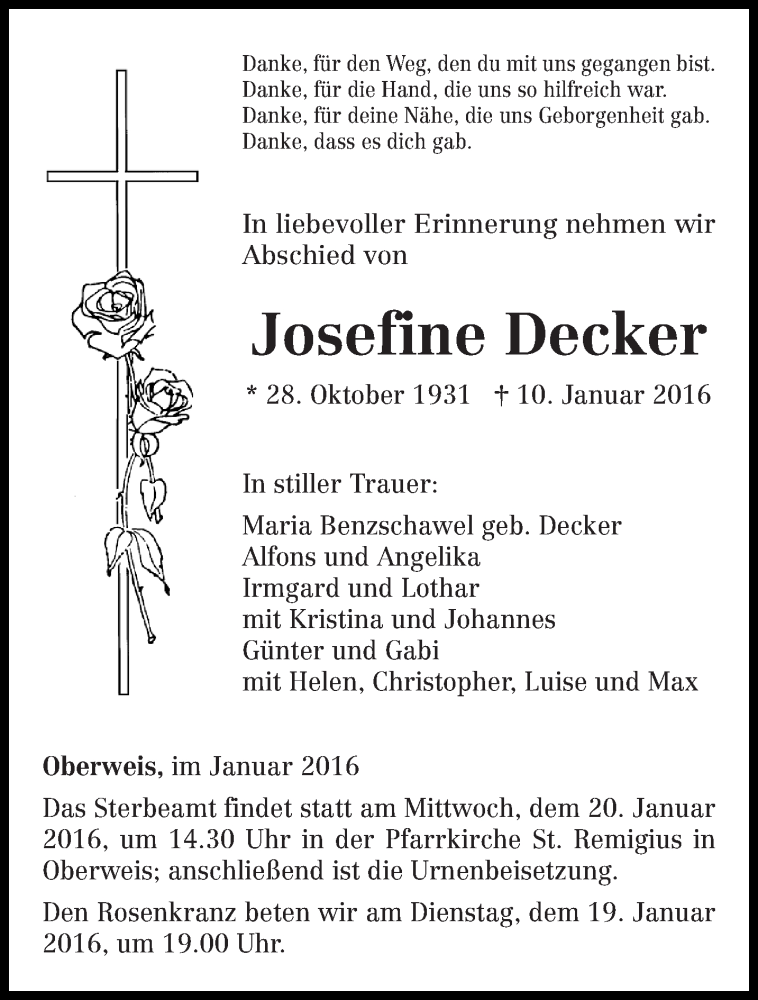  Traueranzeige für Josefine Decker vom 16.01.2016 aus trierischer_volksfreund