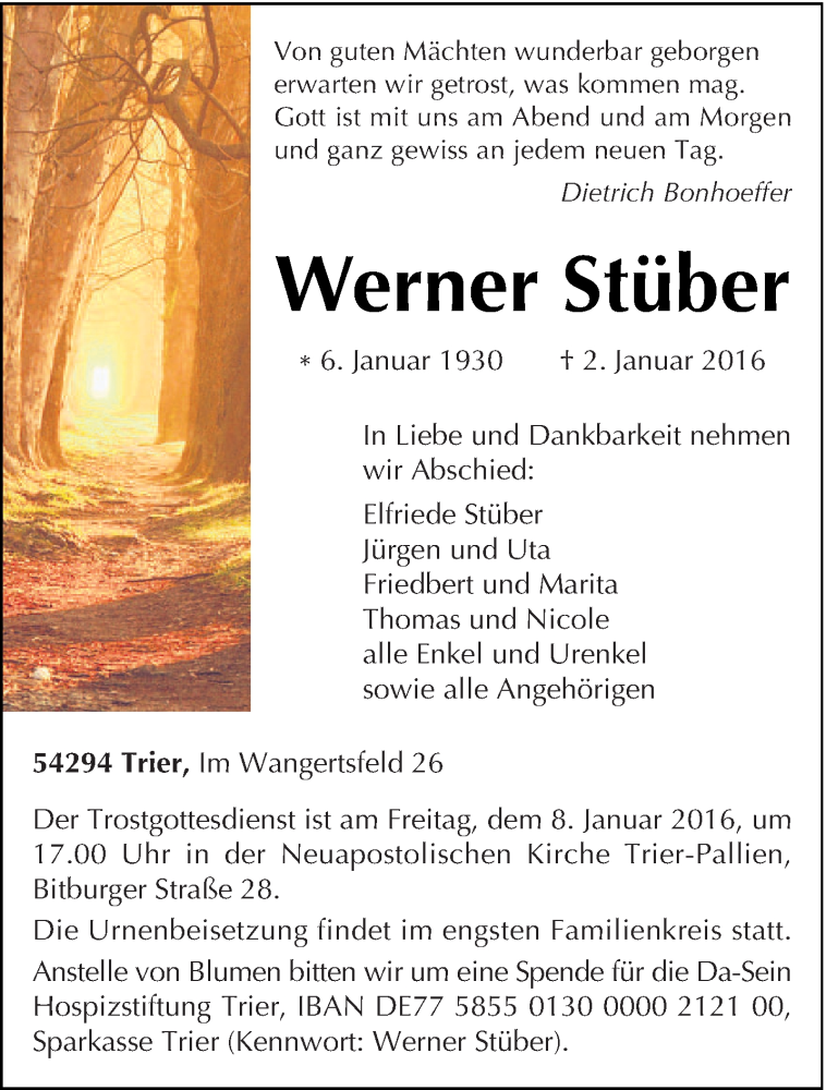  Traueranzeige für Werner Stüber vom 06.01.2016 aus trierischer_volksfreund