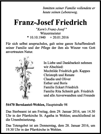 Traueranzeige von Franz-Josef Friedrich von trierischer_volksfreund