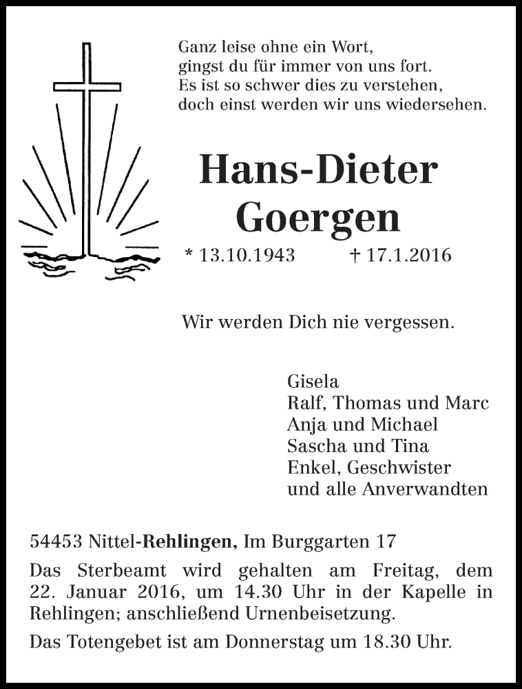  Traueranzeige für Hans-Dieter Goergen vom 19.01.2016 aus trierischer_volksfreund
