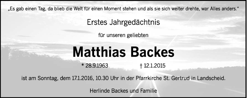  Traueranzeige für Matthias Backes vom 12.01.2016 aus trierischer_volksfreund