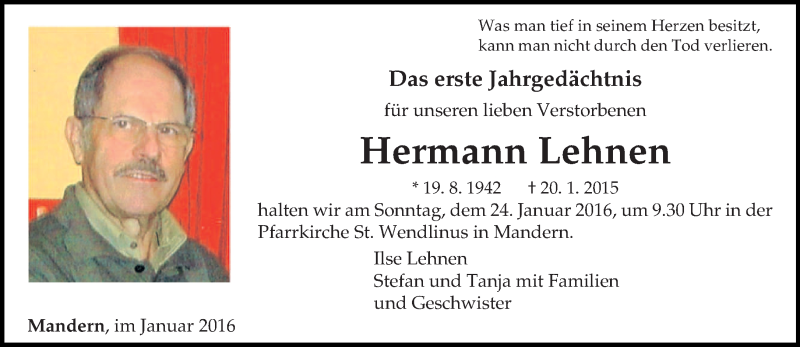  Traueranzeige für Hermann Lehnen vom 20.01.2016 aus trierischer_volksfreund