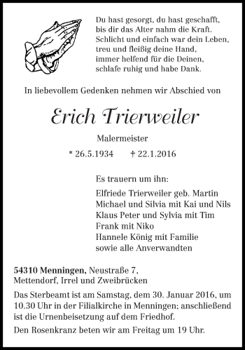Traueranzeige von Erich Trierweiler von trierischer_volksfreund