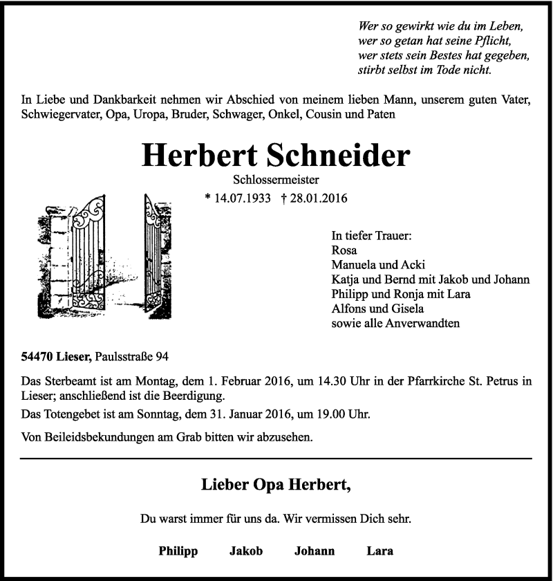  Traueranzeige für Herbert Schneider vom 30.01.2016 aus trierischer_volksfreund