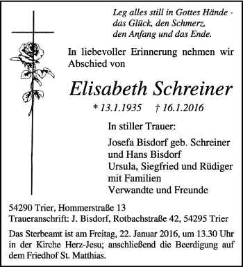 Traueranzeige von Elisabeth Schreiner von trierischer_volksfreund