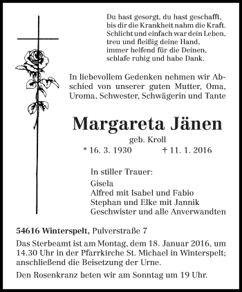 Traueranzeige von Margareta Jänen von trierischer_volksfreund