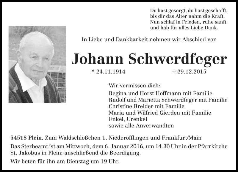  Traueranzeige für Johann Schwerdfeger vom 31.12.2015 aus trierischer_volksfreund
