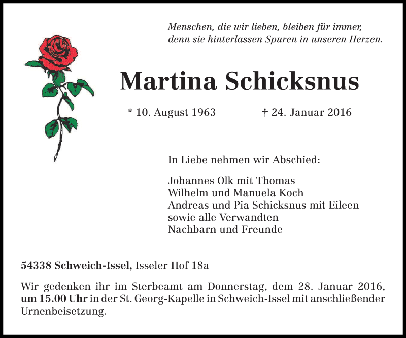  Traueranzeige für Martina Schicksnus vom 26.01.2016 aus trierischer_volksfreund