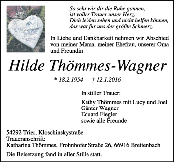 Traueranzeige von Hilde Thömmes-Wagner von trierischer_volksfreund