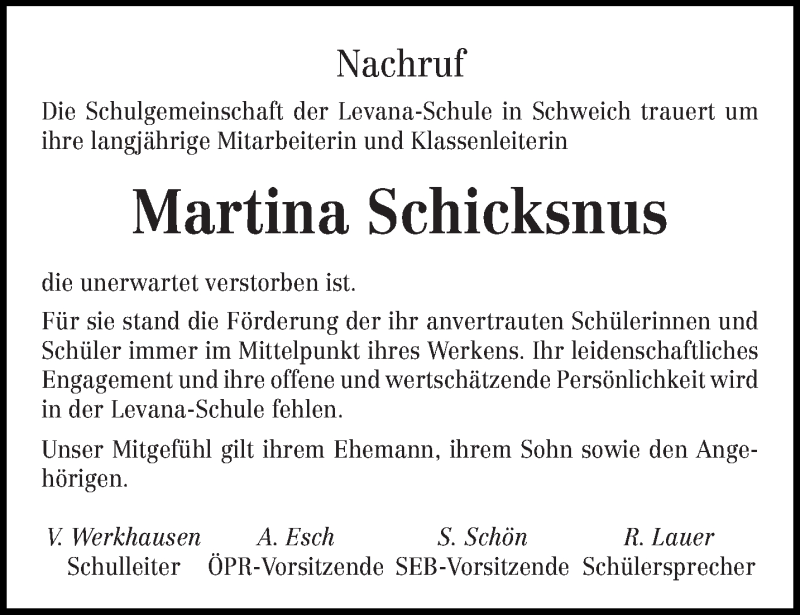  Traueranzeige für Martina Schicksnus vom 26.01.2016 aus trierischer_volksfreund