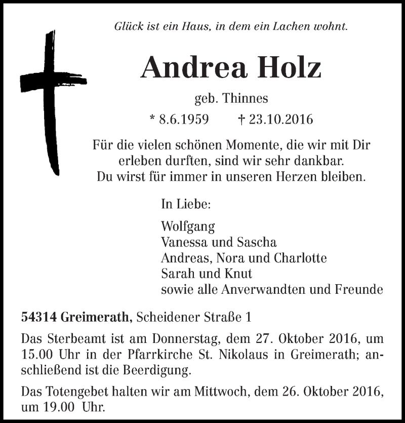  Traueranzeige für Andrea Holz vom 25.10.2016 aus trierischer_volksfreund