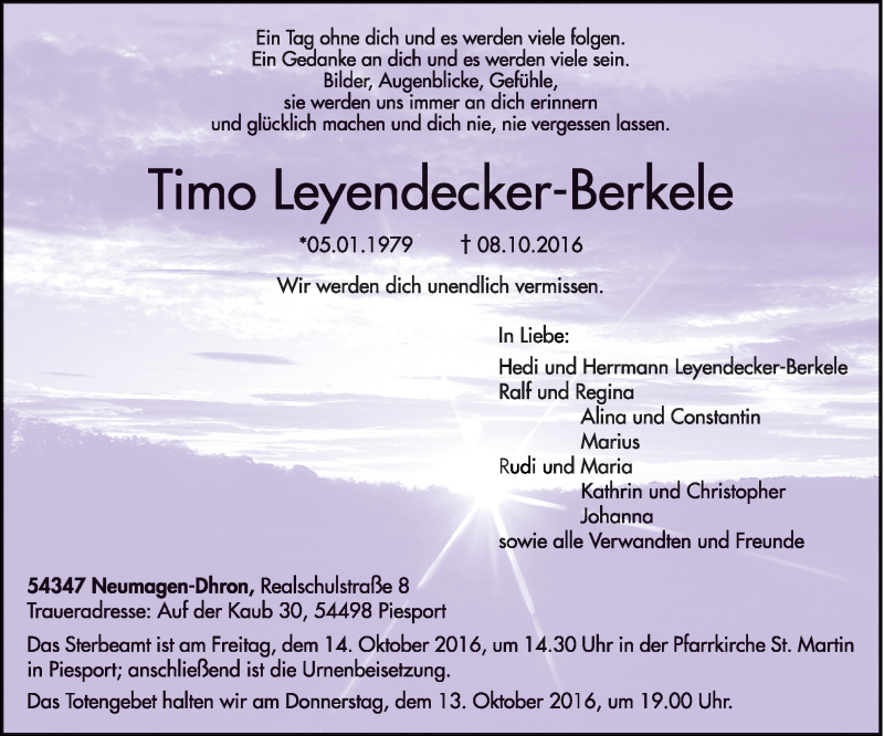  Traueranzeige für Timo Leyendecker-Berkele vom 12.10.2016 aus trierischer_volksfreund