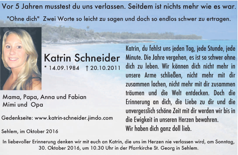  Traueranzeige für Katrin Schneider vom 22.10.2016 aus trierischer_volksfreund