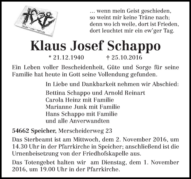  Traueranzeige für Klaus Josef Schappo vom 28.10.2016 aus trierischer_volksfreund