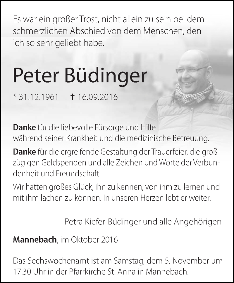  Traueranzeige für Peter Büdinger vom 29.10.2016 aus trierischer_volksfreund