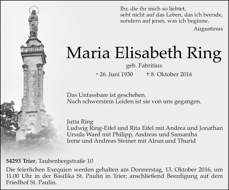  Traueranzeige für Maria Elisabeth Ring vom 11.10.2016 aus trierischer_volksfreund