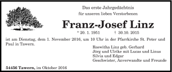 Traueranzeige von Franz-Josef Linz von trierischer_volksfreund