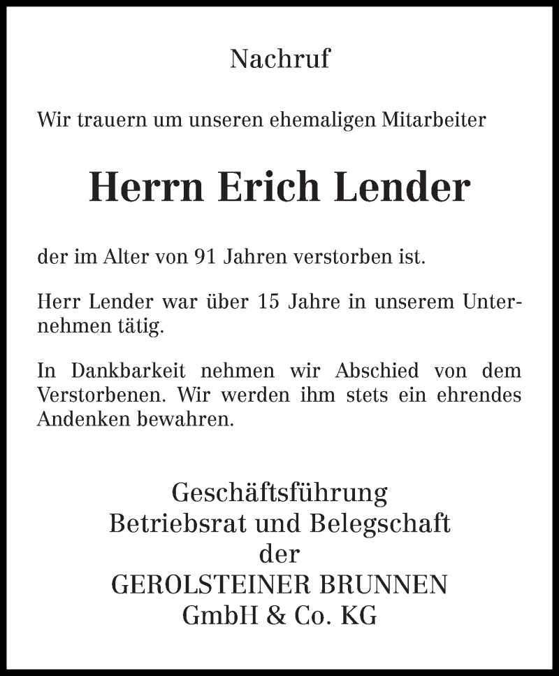  Traueranzeige für Erich Lender vom 14.10.2016 aus trierischer_volksfreund
