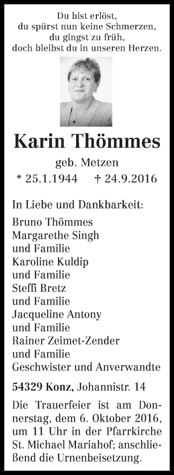 Traueranzeige von Karin Thömmes von trierischer_volksfreund