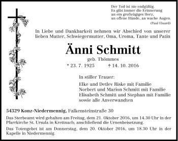 Traueranzeige von Änni Schmitt von trierischer_volksfreund