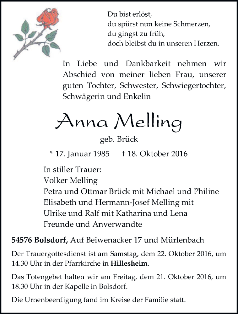  Traueranzeige für Anna Melling vom 20.10.2016 aus trierischer_volksfreund