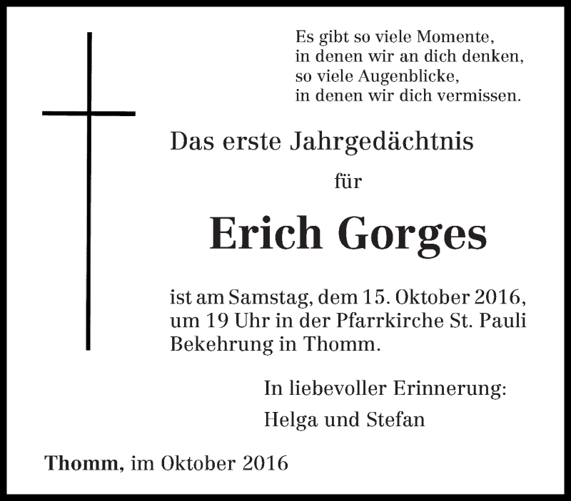  Traueranzeige für Erich Gorges vom 08.10.2016 aus trierischer_volksfreund