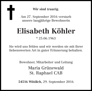 Traueranzeige von Elisabeth Köhler von trierischer_volksfreund