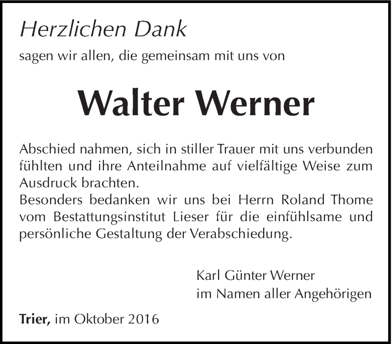  Traueranzeige für Walter Werner vom 22.10.2016 aus trierischer_volksfreund