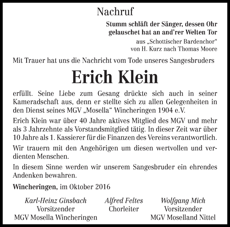  Traueranzeige für Erich Klein vom 22.10.2016 aus trierischer_volksfreund