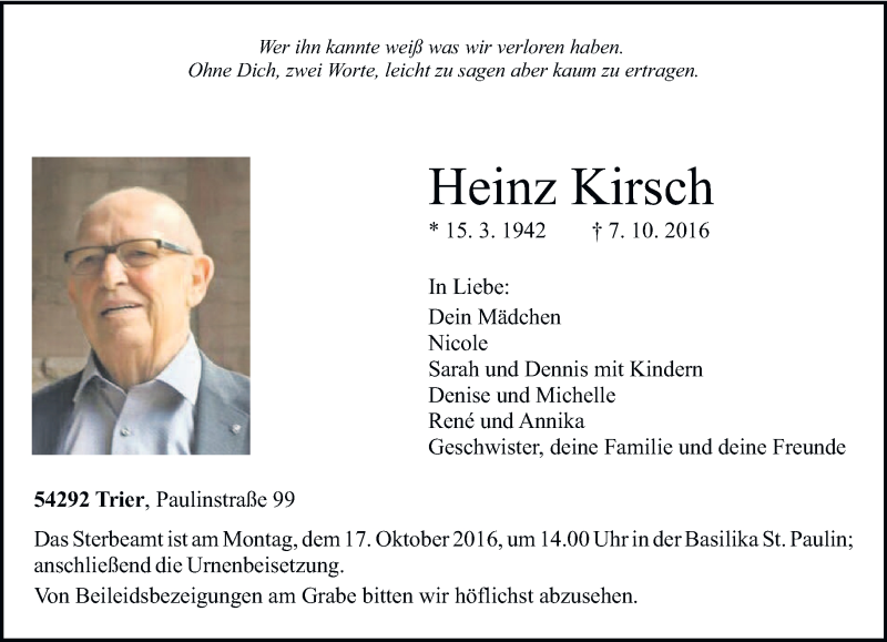  Traueranzeige für Heinz Kirsch vom 12.10.2016 aus trierischer_volksfreund