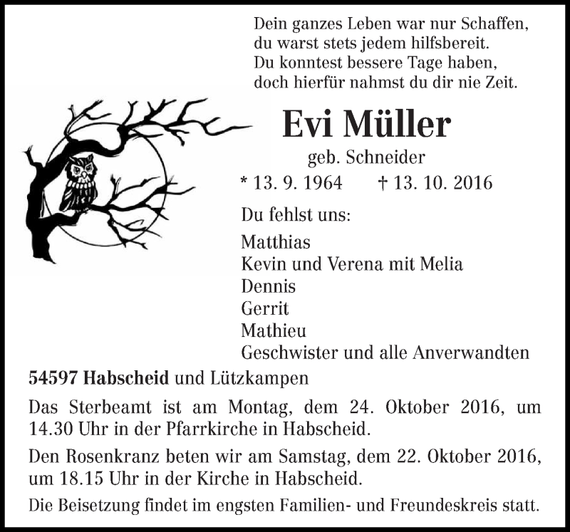  Traueranzeige für Evi Müller vom 15.10.2016 aus trierischer_volksfreund