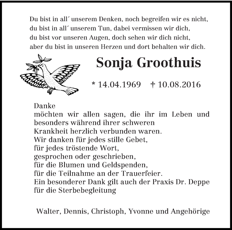  Traueranzeige für Sonja Groothuis vom 10.10.2016 aus trierischer_volksfreund