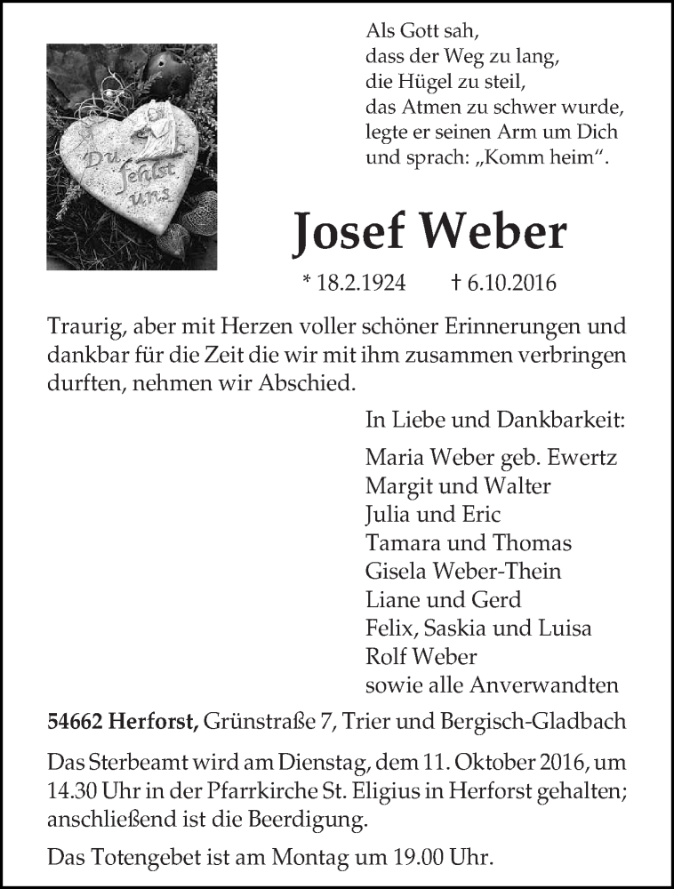  Traueranzeige für Josef Weber vom 08.10.2016 aus trierischer_volksfreund