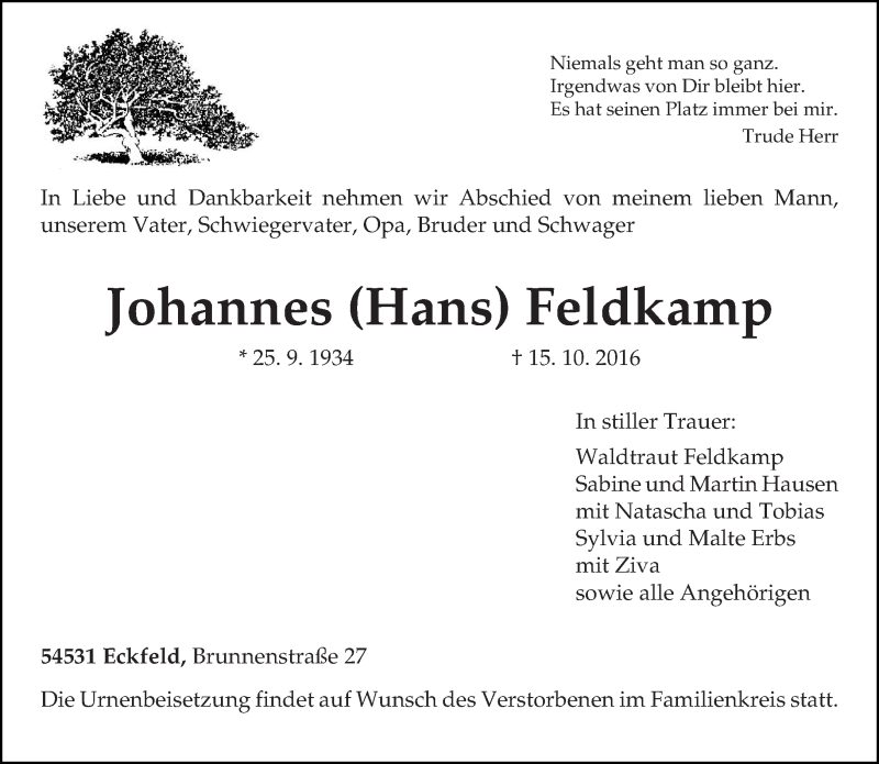  Traueranzeige für Johannes Feldkamp vom 18.10.2016 aus trierischer_volksfreund