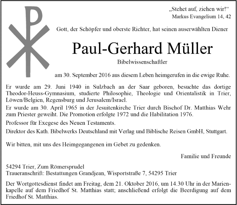  Traueranzeige für Paul-Gerhard Müller vom 17.10.2016 aus trierischer_volksfreund