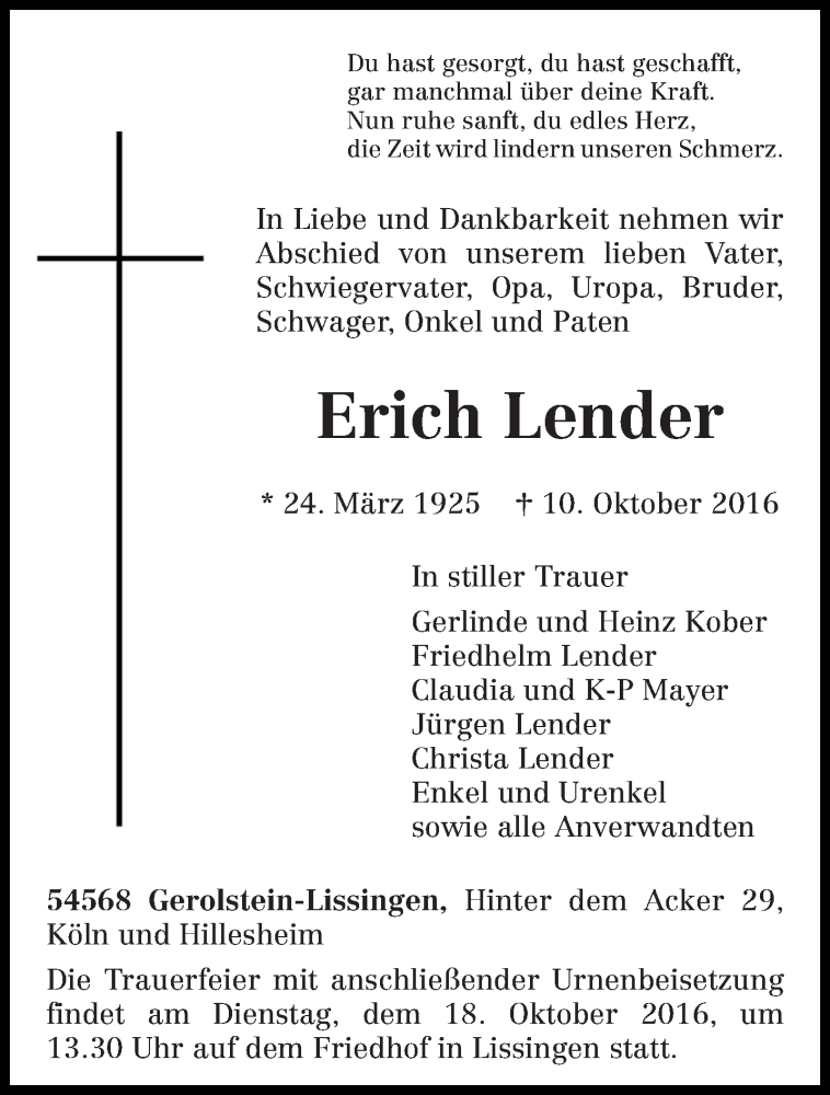  Traueranzeige für Erich Lender vom 14.10.2016 aus trierischer_volksfreund