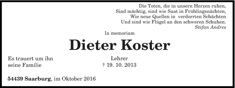  Traueranzeige für Dieter Koster vom 19.10.2016 aus trierischer_volksfreund